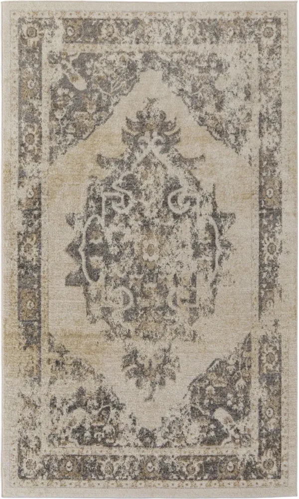 8' x 10' Floral Power Loom Distressed Area Rug - Ivory Gray And Brown