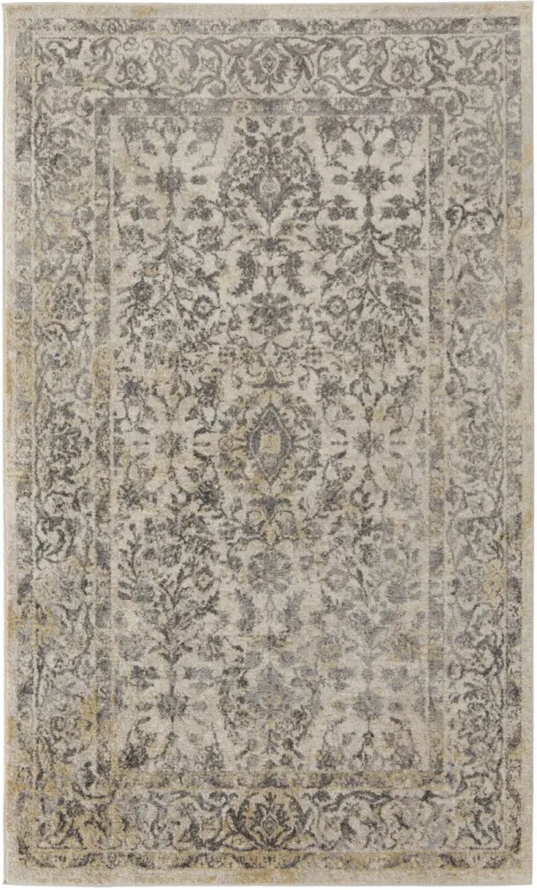 8' x 10' Floral Power Loom Distressed Polypropylene Area Rug - Gray And Ivory
