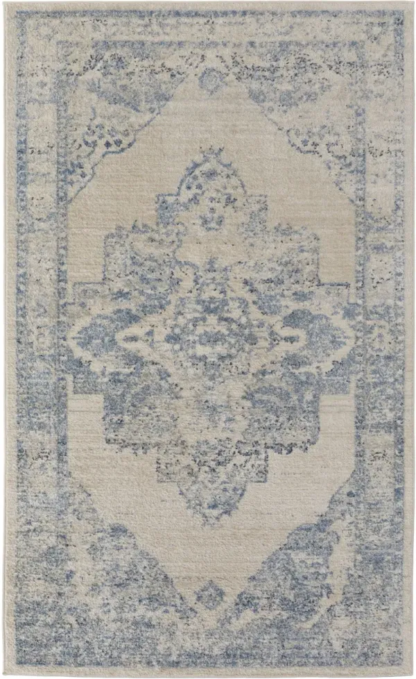 8' x 10' Floral Power Loom Distressed Polypropylene Area Rug - Blue And Ivory