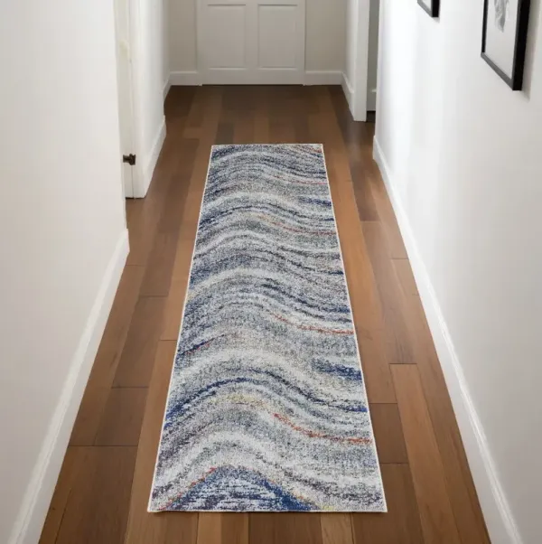 8' x 2.7' Abstract Power Loom Runner Rug - Blue And Gray