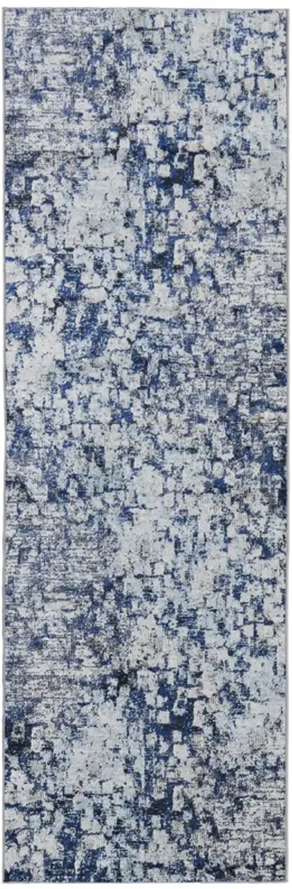 10' Abstract Power Loom Distressed Runner Rug - Blue And Ivory