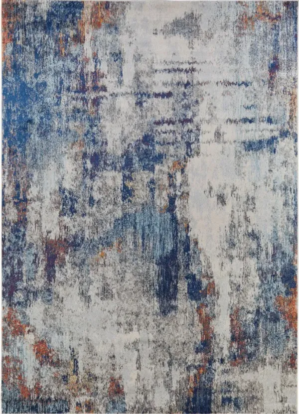 7' x 10' Abstract Power Loom Distressed Stain Resistant Area Rug - Ivory And Blue