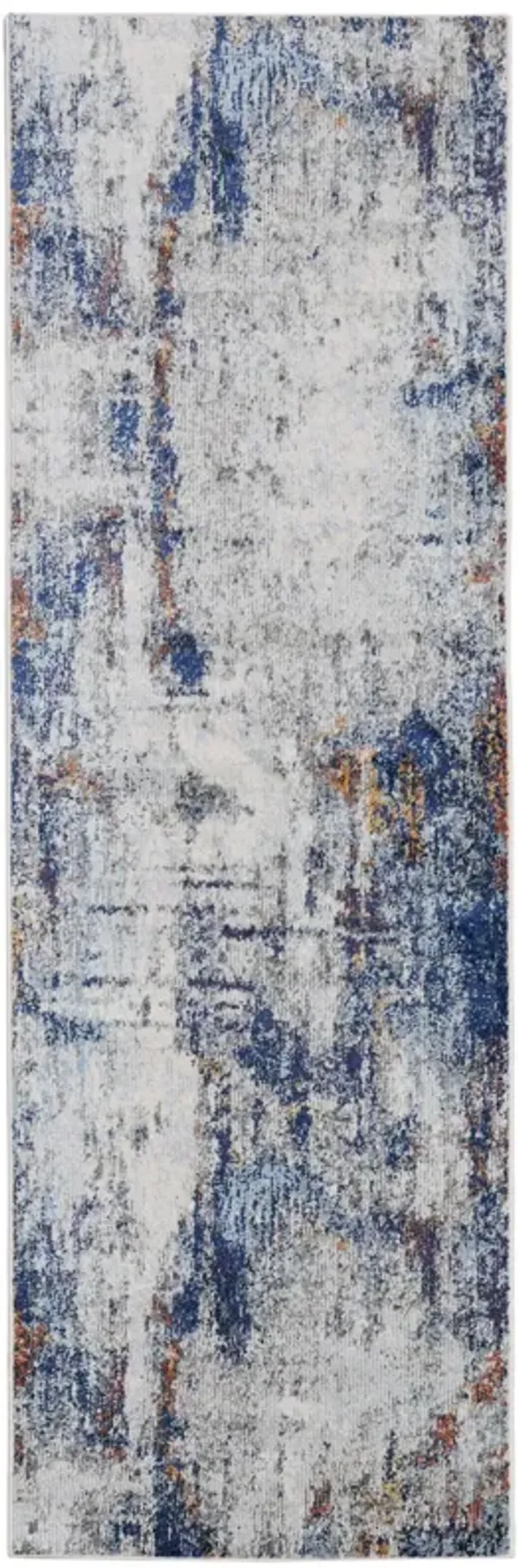 8' x 2.7' Abstract Power Loom Distressed Runner Rug - Ivory And Blue