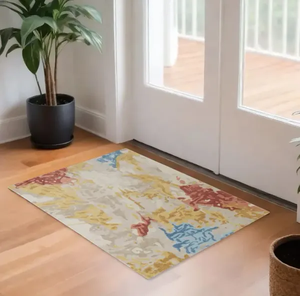 2' x 3' Wool Abstract Tufted Handmade Stain Resistant Area Rug - Ivory Yellow And Blue