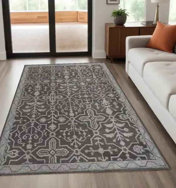 5' x 8' Wool Floral Tufted Handmade Stain Resistant Area Rug - Gray Blue And Ivory