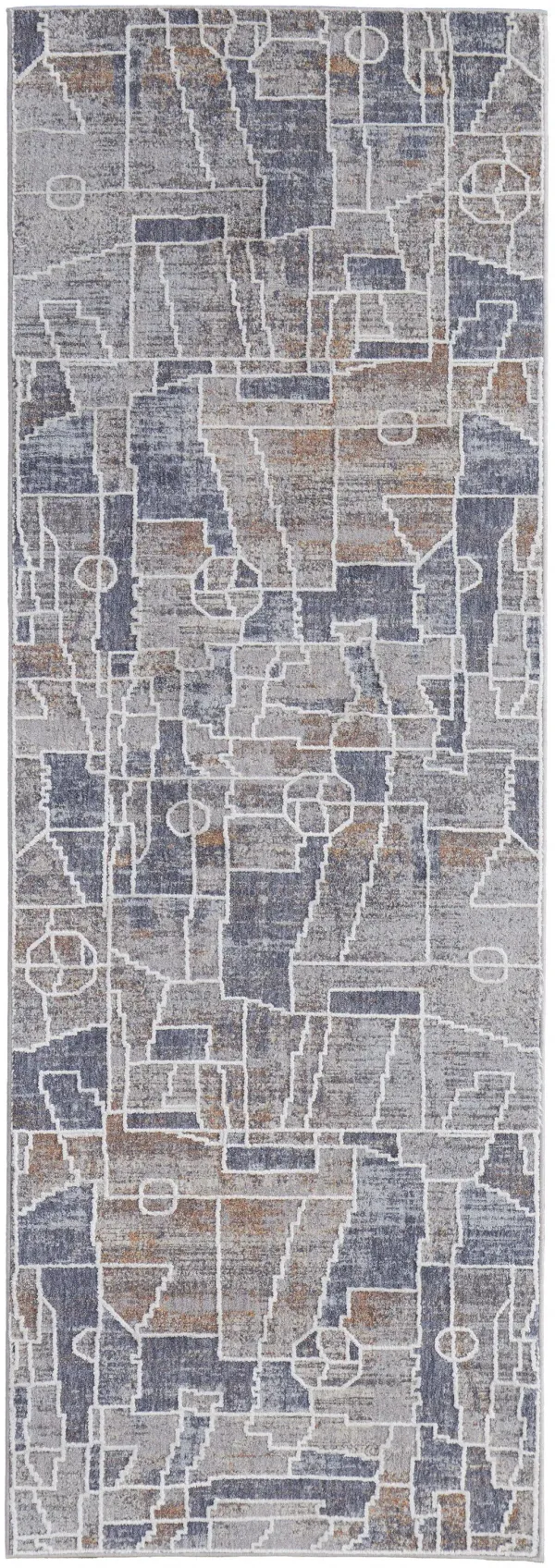 8' Geometric Power Loom Stain Resistant Runner Rug - Blue Gray And Orange