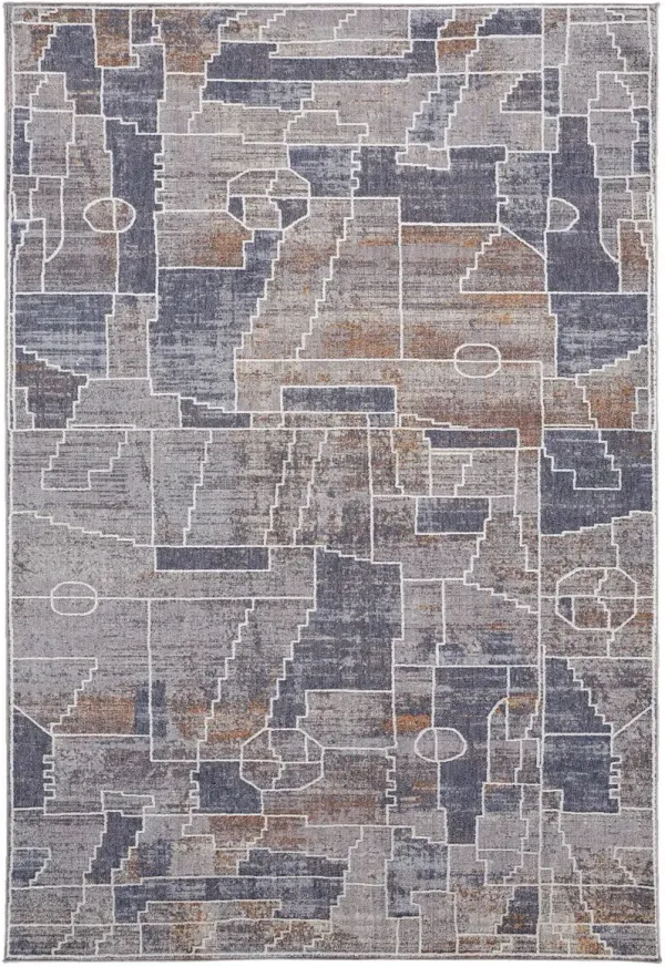 7' x 9' Geometric Power Loom Stain Resistant Area Rug - Blue Gray And Orange