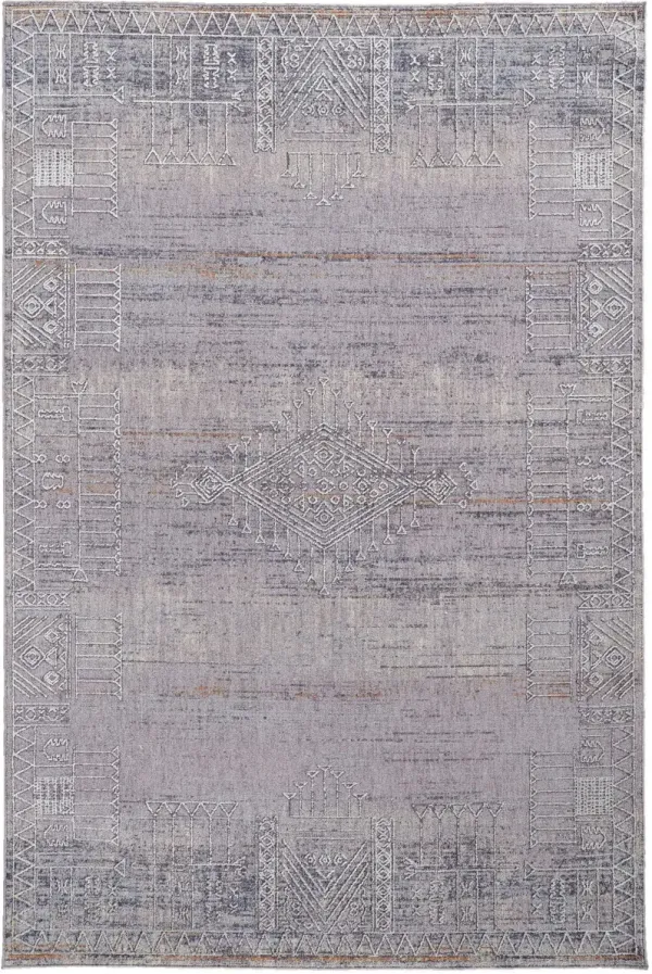 2' x 3' Geometric Power Loom Distressed Stain Resistant Area Rug - Gray Ivory And Orange