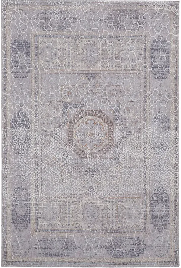 12' x 15' Floral Power Loom Distressed Stain Resistant Area Rug - Gray And Ivory