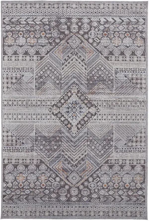 5' x 8' Geometric Power Loom Distressed Stain Resistant Area Rug - Gray And Ivory
