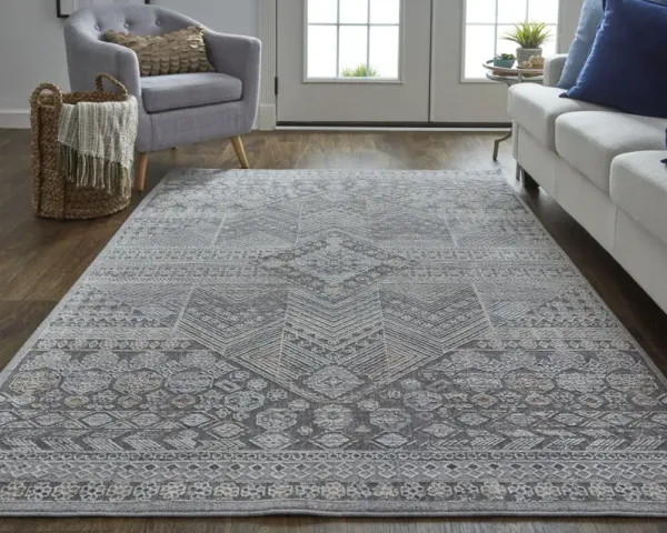 9' x 12' Geometric Power Loom Distressed Stain Resistant Area Rug - Gray And Ivory