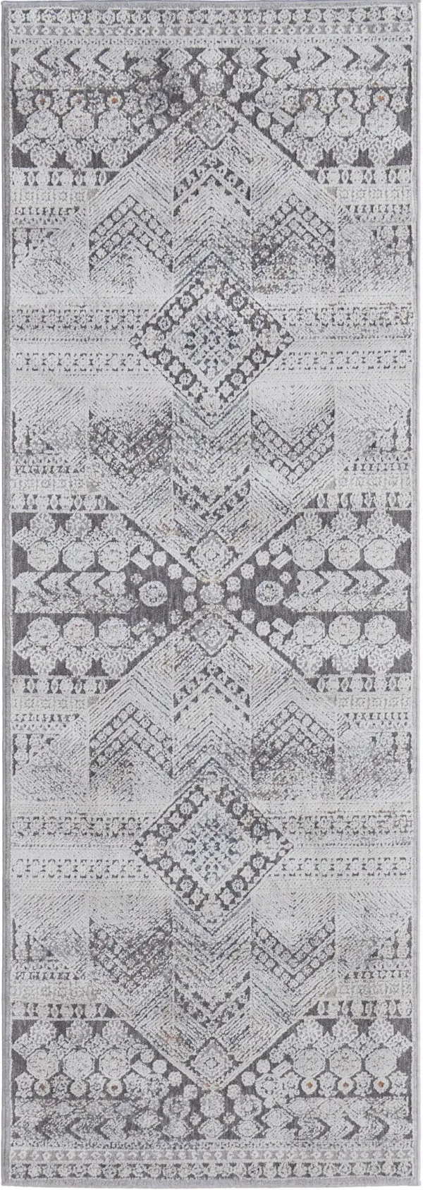 8' x 2.8' Geometric Power Loom Distressed Stain Resistant Runner Rug - Ivory And Gray