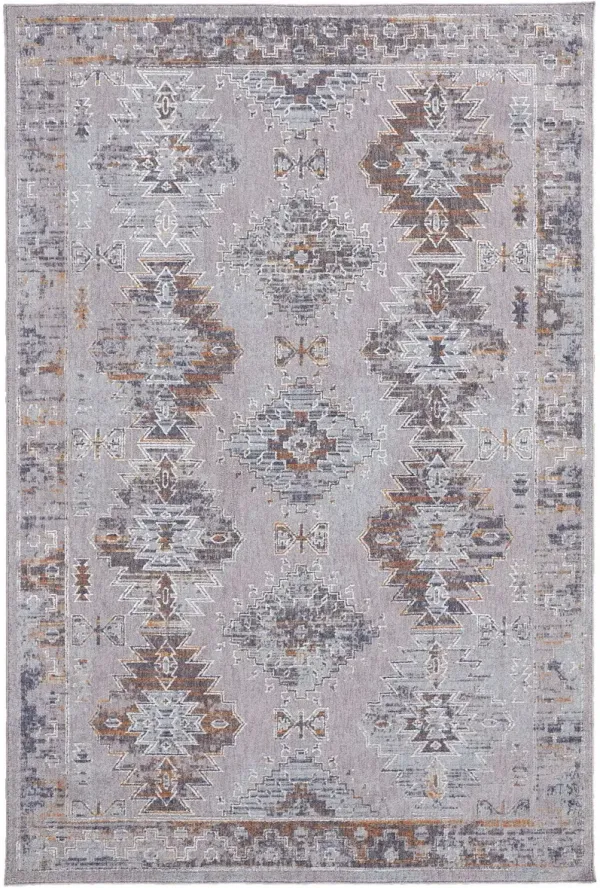 5' x 8' Geometric Power Loom Distressed Stain Resistant Area Rug - Gray Orange And Blue