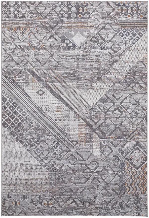 7' x 9' Geometric Power Loom Distressed Stain Resistant Area Rug - Ivory And Gray