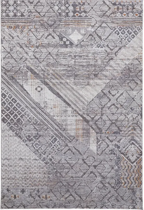 9' x 12' Geometric Power Loom Distressed Stain Resistant Area Rug - Ivory And Gray