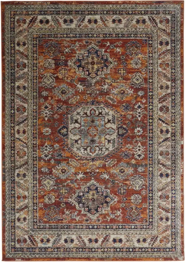 5' x 8' Floral Stain Resistant Area Rug - Red Orange And Ivory