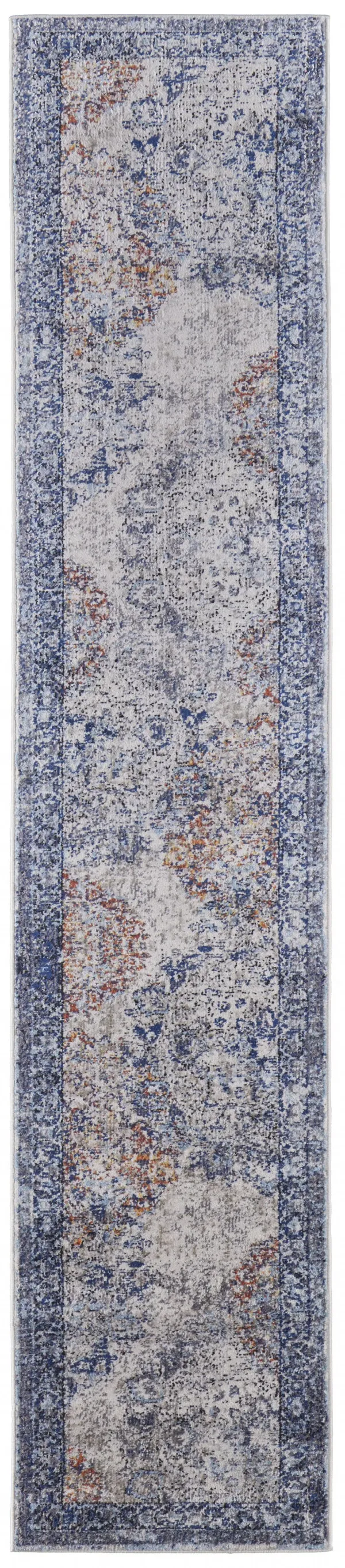 10' Floral Power Loom Distressed Stain Resistant Runner Rug - Blue Ivory And Red