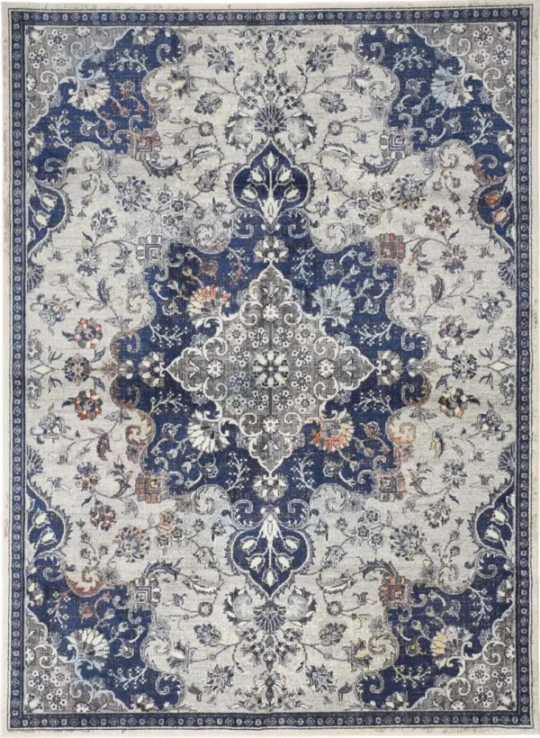 5' x 8' Floral Power Loom Distressed Stain Resistant Area Rug - Gray Ivory And Blue