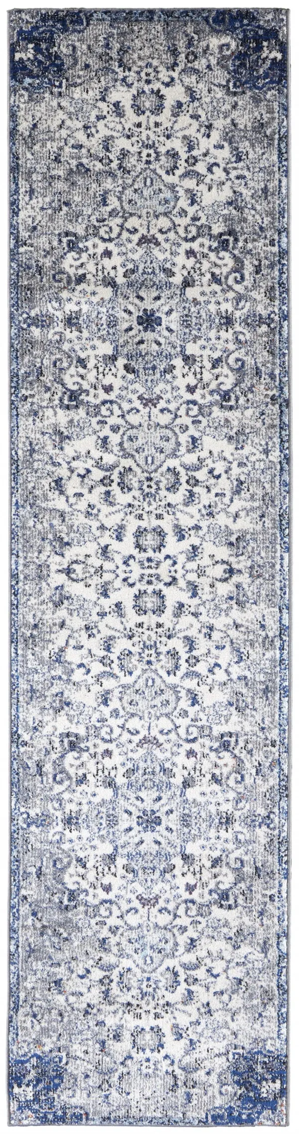 10' Floral Power Loom Distressed Stain Resistant Runner Rug - Ivory Gray And Blue