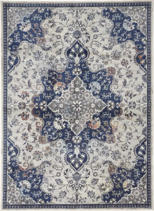 8' x 11' Floral Power Loom Distressed Stain Resistant Area Rug - Gray Ivory And Blue
