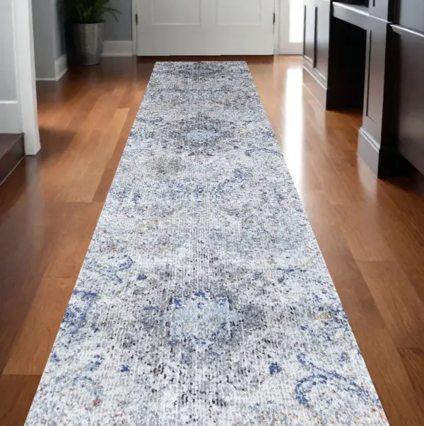 10' Floral Power Loom Distressed Stain Resistant Runner Rug - Ivory Taupe And Blue