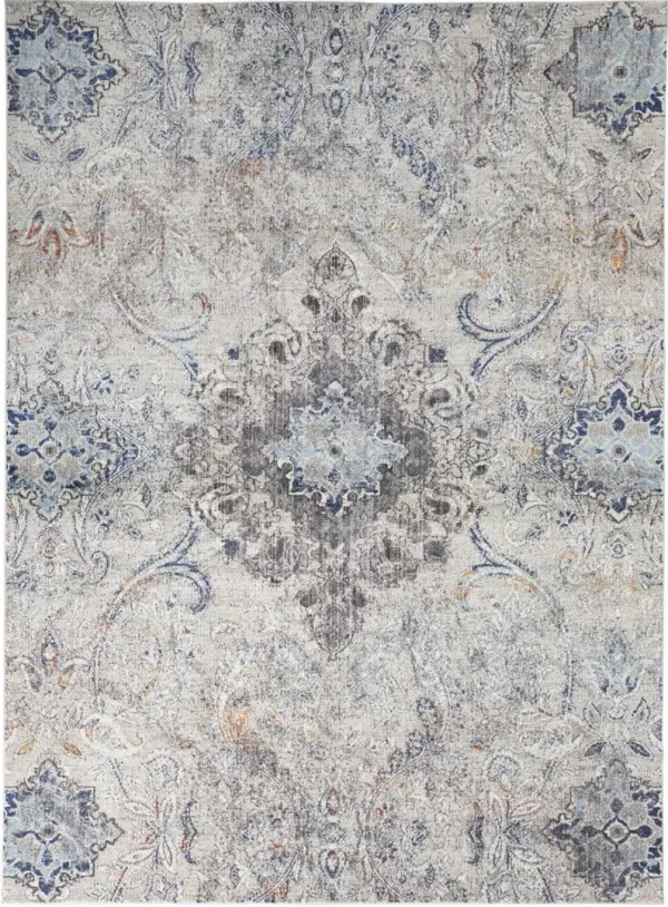 9' x 12' Floral Power Loom Distressed Stain Resistant Area Rug - Ivory Taupe And Blue