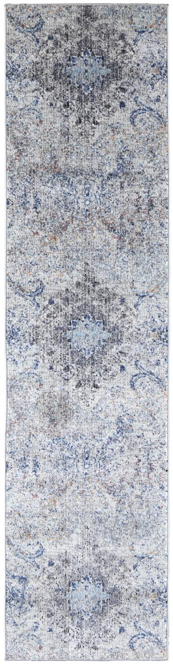 8' Floral Power Loom Distressed Stain Resistant Runner Rug - Ivory Taupe And Blue