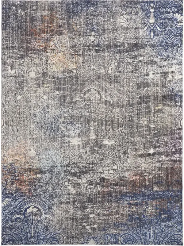 9' x 12' Abstract Power Loom Distressed Stain Resistant Area Rug - Taupe Blue And Ivory