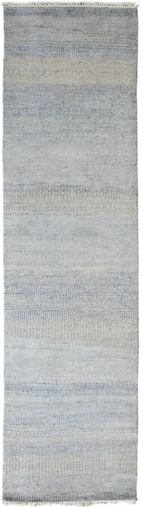10' Wool Striped Hand Knotted Runner Rug - Blue And Silver