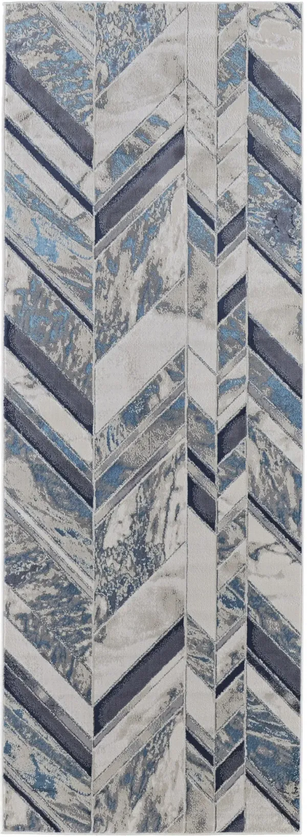 8' Chevron Power Loom Distressed Runner Rug - Ivory Blue And Gray