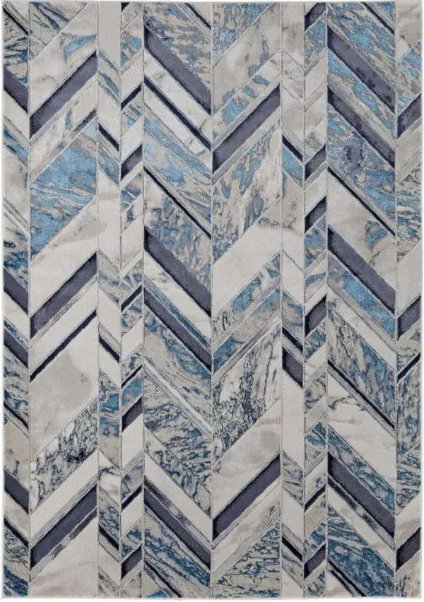 12' x 15' Chevron Power Loom Distressed Area Rug - Ivory Blue And Gray