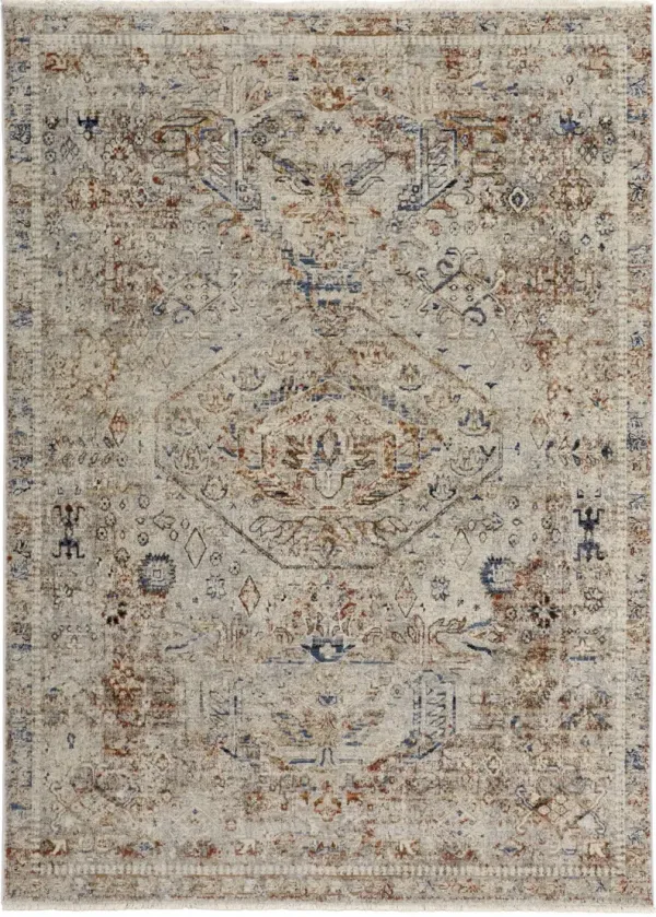 12' x 15' Floral Power Loom Distressed Area Rug With Fringe - Tan Orange And Red