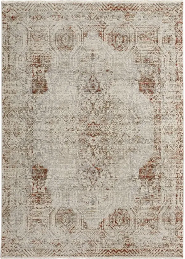 12' x 15' Floral Power Loom Distressed Area Rug With Fringe - Tan Ivory And Orange