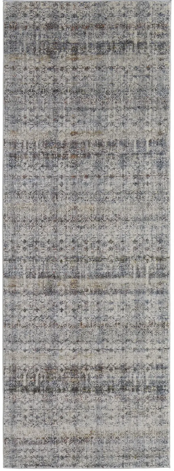 10' Geometric Power Loom Distressed Runner Rug With Fringe - Tan Ivory And Blue