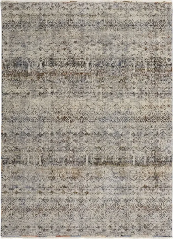 2' x 3' Geometric Power Loom Distressed Area Rug With Fringe - Tan Ivory And Blue