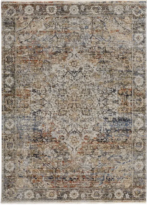 8' x 10' Floral Power Loom Distressed Area Rug With Fringe - Tan Orange And Blue