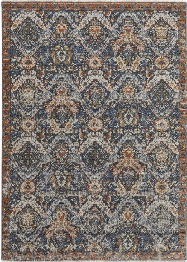 8' x 10' Floral Power Loom Area Rug With Fringe - Blue Orange And Ivory