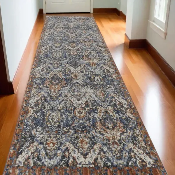 10' Floral Power Loom Runner Rug With Fringe - Blue Orange And Ivory