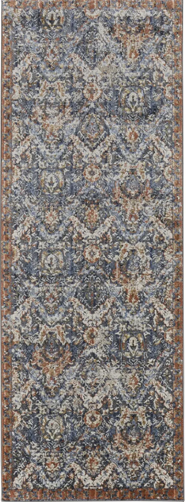 12' Floral Power Loom Runner Rug With Fringe - Blue Orange And Ivory