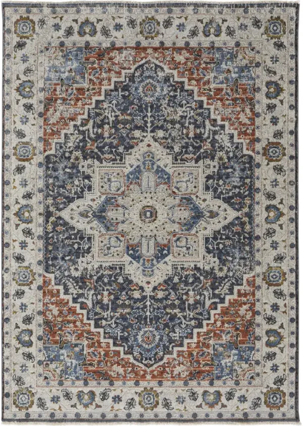 2' x 3' Floral Power Loom Area Rug With Fringe - Ivory Blue And Red