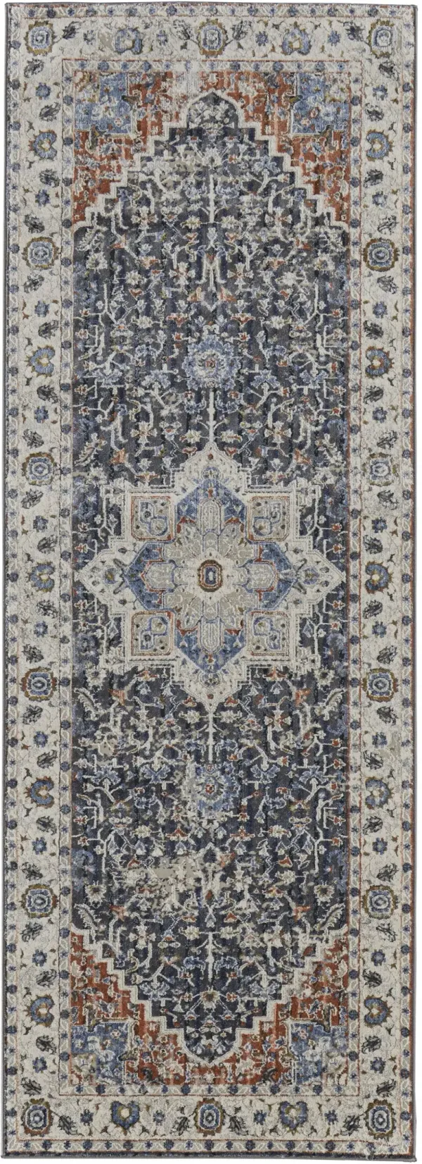 8' Floral Power Loom Runner Rug With Fringe - Ivory Blue And Red
