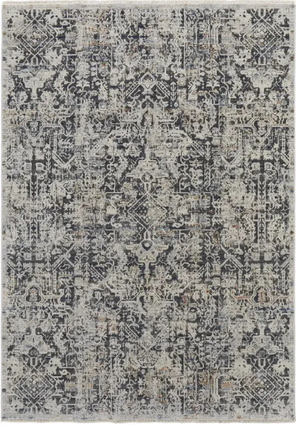 5' x 8' Abstract Power Loom Distressed Area Rug With Fringe - Ivory Gray And Taupe