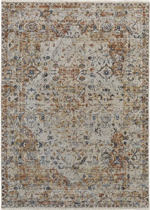 5' x 8' Floral Power Loom Area Rug With Fringe - Tan Ivory And Orange