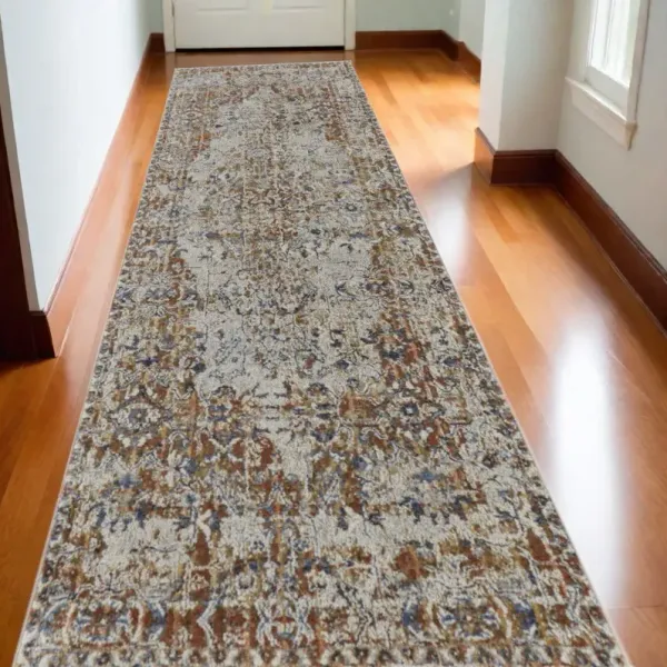 10' Floral Power Loom Runner Rug With Fringe - Tan Ivory And Orange