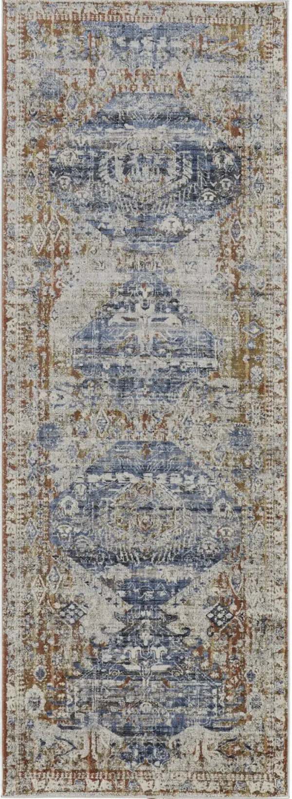 8' x 3' Floral Power Loom Distressed Runner Rug With Fringe - Ivory Orange And Blue