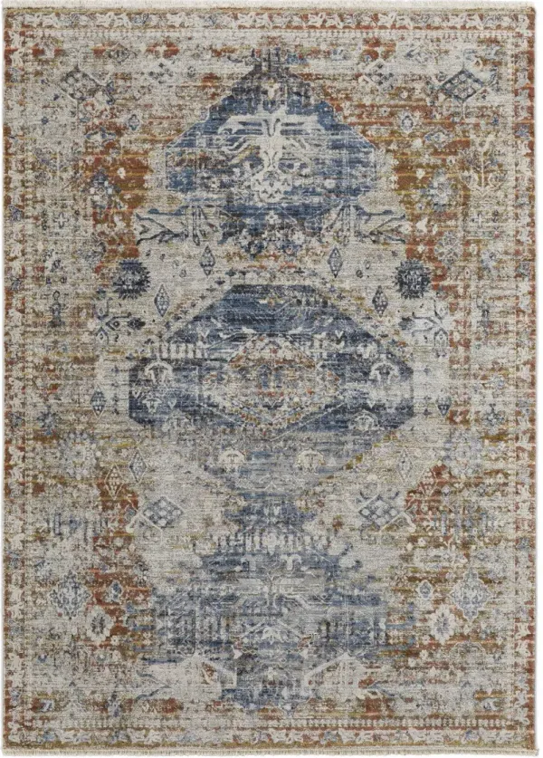 12' x 15' Floral Power Loom Distressed Area Rug With Fringe - Ivory Orange And Blue