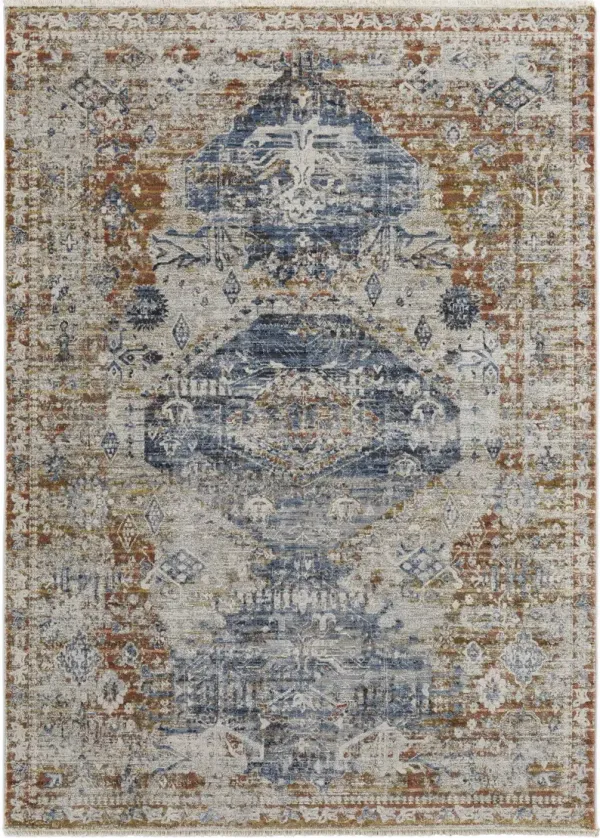 2' x 3' Floral Power Loom Distressed Area Rug With Fringe - Ivory Orange And Blue