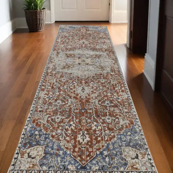 12' Floral Power Loom Runner Rug With Fringe - Orange Ivory And Blue