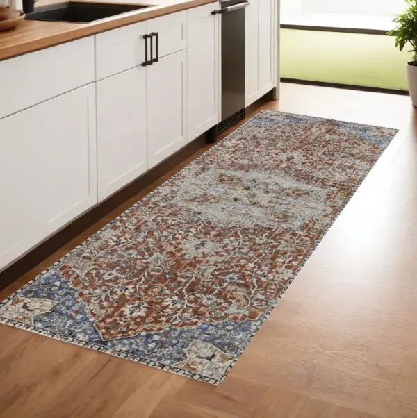 8' Floral Power Loom Runner Rug With Fringe - Orange Ivory And Blue