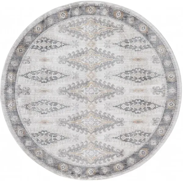 6' Round Floral Stain Resistant Area Rug - Gray Blue And Orange